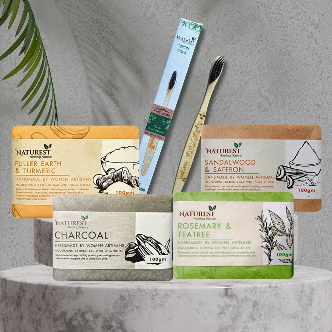 Naturest India Herbal Soap Combo – 4 Soaps (100g each) + Free Bamboo Toothbrush | Free Delivery