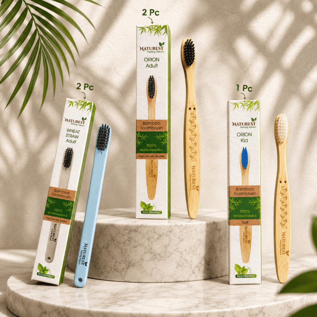 Naturest India Bamboo Toothbrush Combo – 5 Pc Pack (Adult + Kid) | Eco-Friendly & Biodegradable