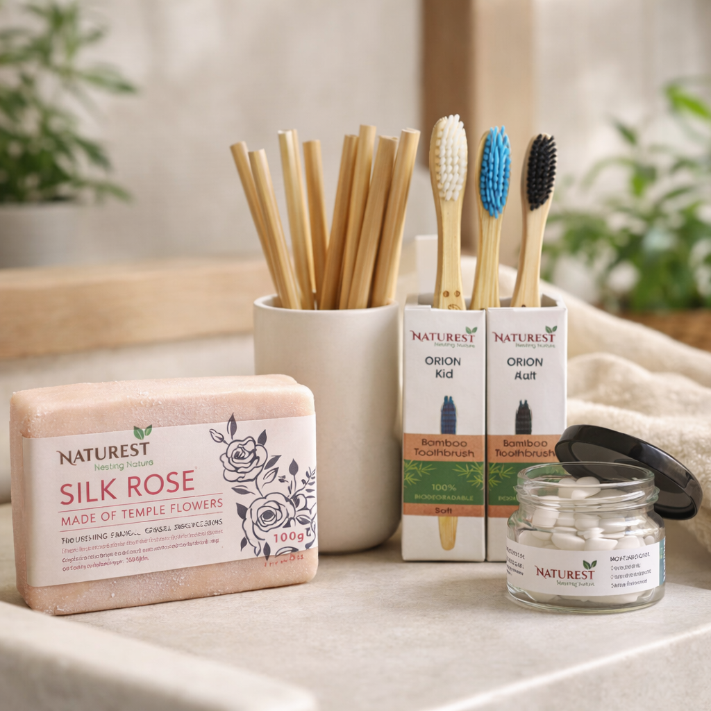 Plastic-Free Bathroom Kit | Bamboo Toothbrush, Natural Soap, Toothpaste Tablets & Reusable Straws