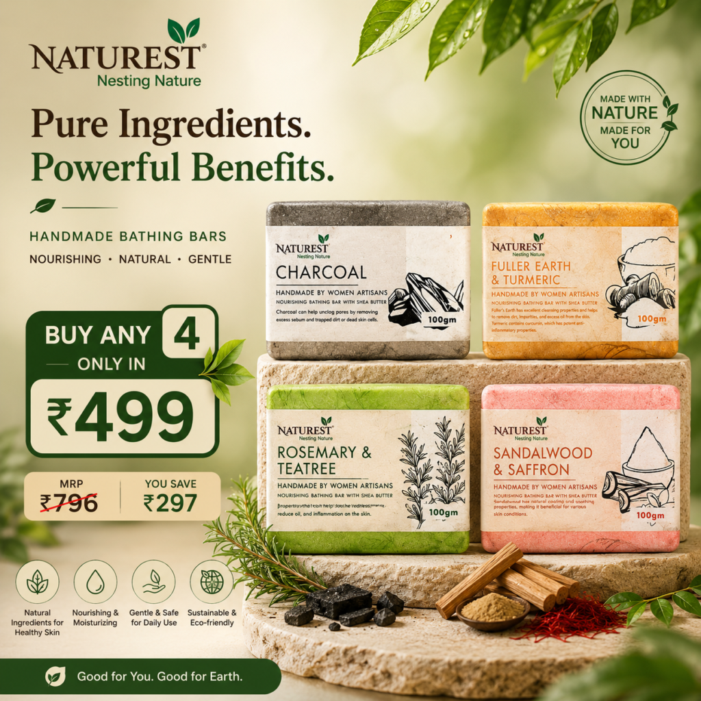 Naturest Handmade Natural Bathing Soap Bars – Pack of 4 | Charcoal, Fuller’s Earth & Turmeric, Rosemary & Tea Tree, Sandalwood & Saffron